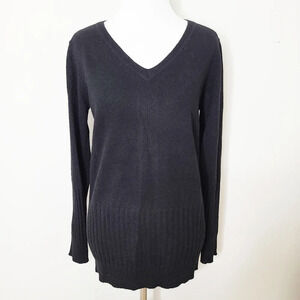 NWT Qi Black Cashmere Sweater with Gray Stripe Back Detail S